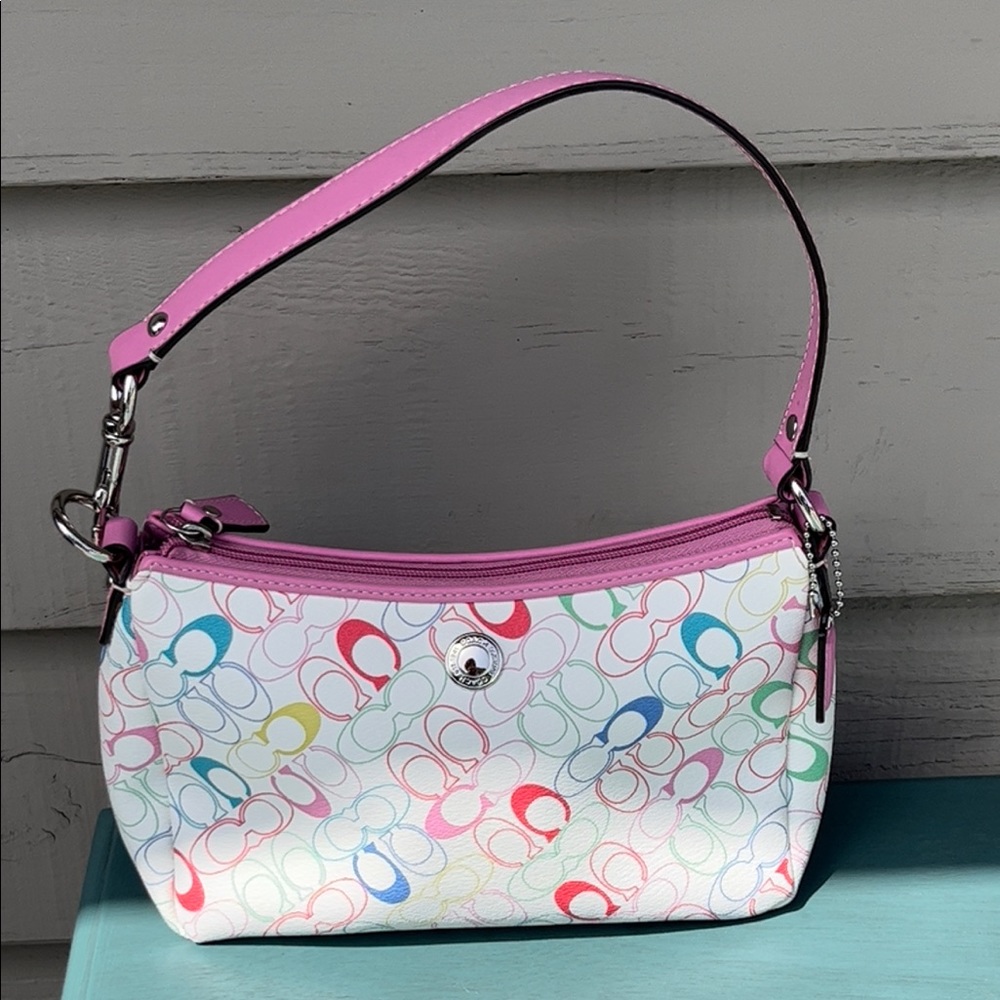 Coach Baguette Leather Rainbow Signature C with Pink Leather Trim